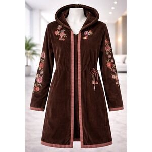 NWT Driftwood Brown Velvet Corduroy Floral Embroidered Hooded Open Cardigan XL